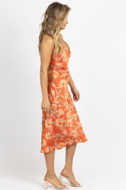 LOVELY DAY RUST SATIN CRISS-CROSS MIDI DRESS