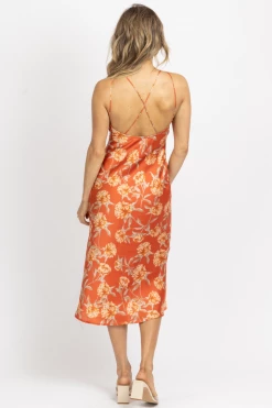 LOVELY DAY RUST SATIN CRISS-CROSS MIDI DRESS