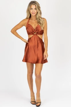 MABLE NEW ARRIVALS RUST SATIN OPEN O-RING MINI DRESS