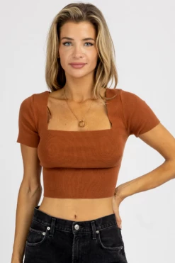 LE LIS NEW ARRIVALS RUST SHORT SLEEVE KNIT TIE-BACK CROP