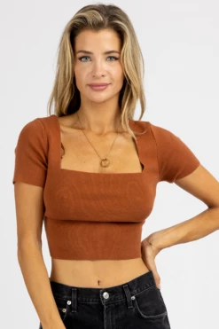 LE LIS NEW ARRIVALS RUST SHORT SLEEVE KNIT TIE-BACK CROP