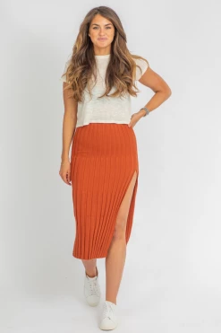 SKYLAR + MADISON CLOTHING SUGAR ALMOND SLIT KNIT MIDI