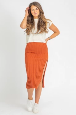 SKYLAR + MADISON CLOTHING SUGAR ALMOND SLIT KNIT MIDI