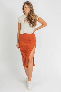 SKYLAR + MADISON CLOTHING SUGAR ALMOND SLIT KNIT MIDI