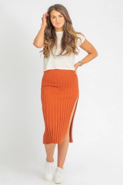 SKYLAR + MADISON CLOTHING SUGAR ALMOND SLIT KNIT MIDI