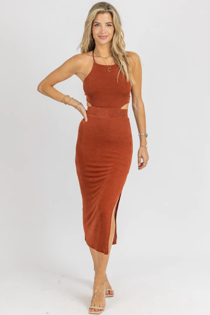 MABLE BRICK SLINKY OPEN-BACK HALTER MIDI DRESS NEW ARRIVALS 2 MABLE BRICK SLINKY OPEN-BACK HALTER MIDI DRESS NEW ARRIVALS