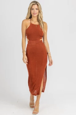 MABLE BRICK SLINKY OPEN-BACK HALTER MIDI DRESS NEW ARRIVALS 7 MABLE BRICK SLINKY OPEN-BACK HALTER MIDI DRESS NEW ARRIVALS