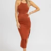 MABLE BRICK SLINKY OPEN-BACK HALTER MIDI DRESS NEW ARRIVALS