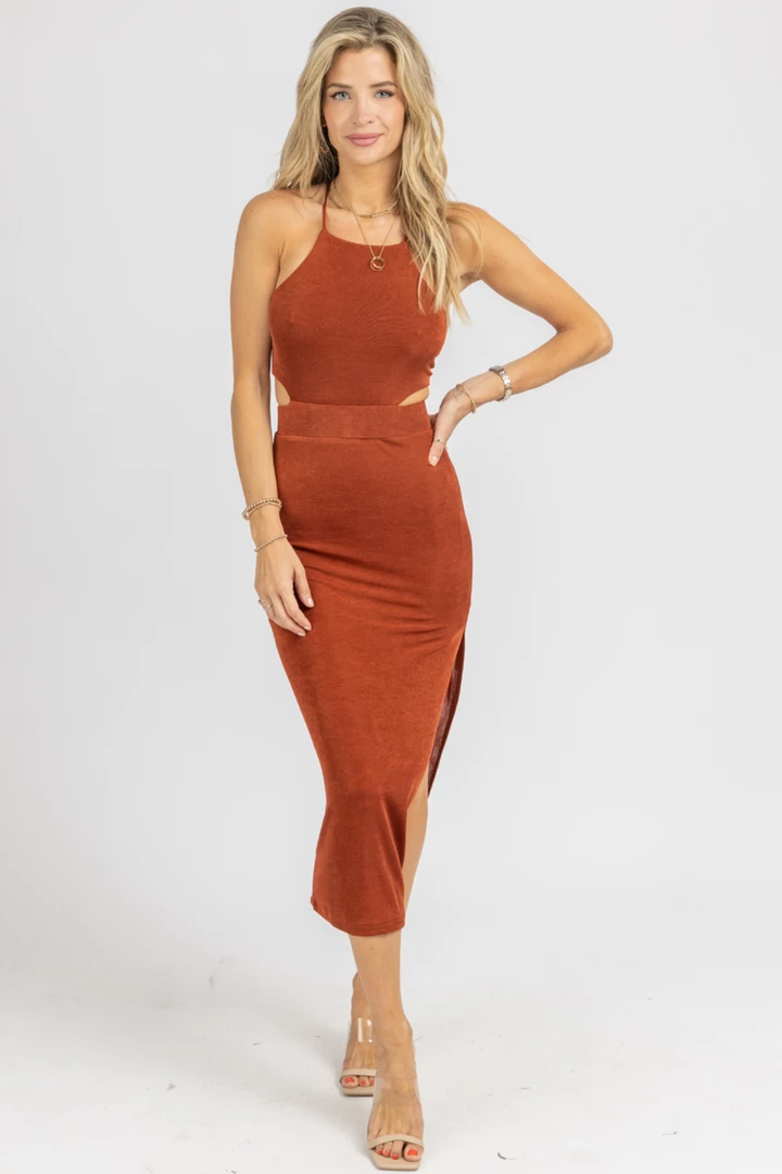 MABLE BRICK SLINKY OPEN-BACK HALTER MIDI DRESS NEW ARRIVALS 1 MABLE BRICK SLINKY OPEN-BACK HALTER MIDI DRESS NEW ARRIVALS