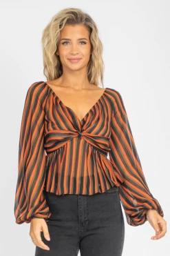 OLIVACEOUS RUST STRIPED OFF SHOULDER TOP