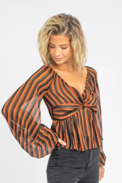 OLIVACEOUS RUST STRIPED OFF SHOULDER TOP