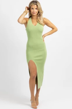 LULUNICO NEW ARRIVALS SAGE GOLD CHAIN CROSSBACK MIDI DRESS