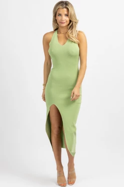 LULUNICO NEW ARRIVALS SAGE GOLD CHAIN CROSSBACK MIDI DRESS