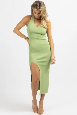 LULUNICO NEW ARRIVALS SAGE GOLD CHAIN CROSSBACK MIDI DRESS