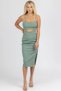 FORE COLLECTION DEEP GREEN CUTOUT DETAIL MIDI DRESS *BACK IN STOCK*
