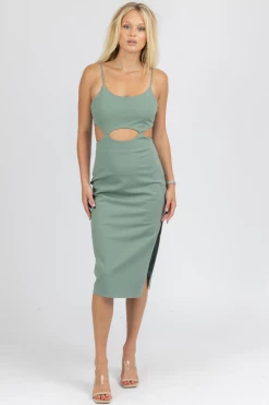 FORE COLLECTION DEEP GREEN CUTOUT DETAIL MIDI DRESS *BACK IN STOCK*