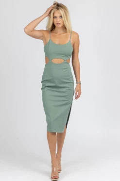 FORE COLLECTION DEEP GREEN CUTOUT DETAIL MIDI DRESS *BACK IN STOCK*