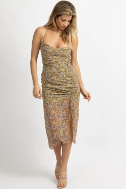 EDIT BY NINE NEW ARRIVALS SAGE GREEN FLORAL SIDE SHIRRED MIDI DRESS