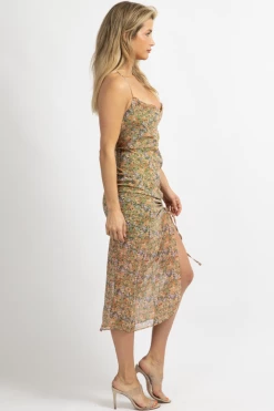 EDIT BY NINE NEW ARRIVALS SAGE GREEN FLORAL SIDE SHIRRED MIDI DRESS