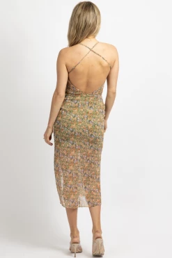 EDIT BY NINE NEW ARRIVALS SAGE GREEN FLORAL SIDE SHIRRED MIDI DRESS