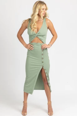 FORE COLLECTION NEW ARRIVALS SAGE FRONT CUTOUT BUTTON MIDI DRESS 9 FORE COLLECTION NEW ARRIVALS SAGE FRONT CUTOUT BUTTON MIDI DRESS