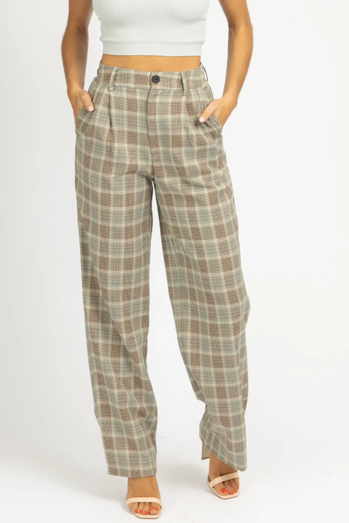 SANS SOUCI CLOTHING SAGE PLAID PLEATED PANTS 2 SANS SOUCI CLOTHING SAGE PLAID PLEATED PANTS