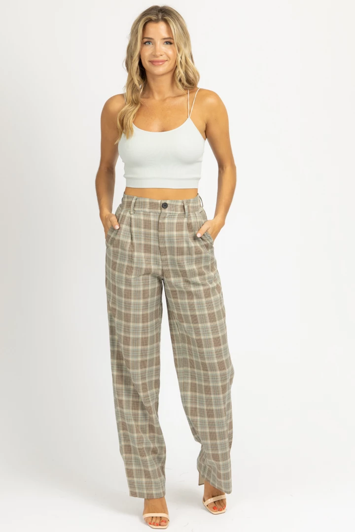SANS SOUCI CLOTHING SAGE PLAID PLEATED PANTS 3 SANS SOUCI CLOTHING SAGE PLAID PLEATED PANTS