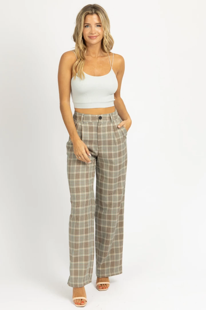 SANS SOUCI CLOTHING SAGE PLAID PLEATED PANTS 1 SANS SOUCI CLOTHING SAGE PLAID PLEATED PANTS