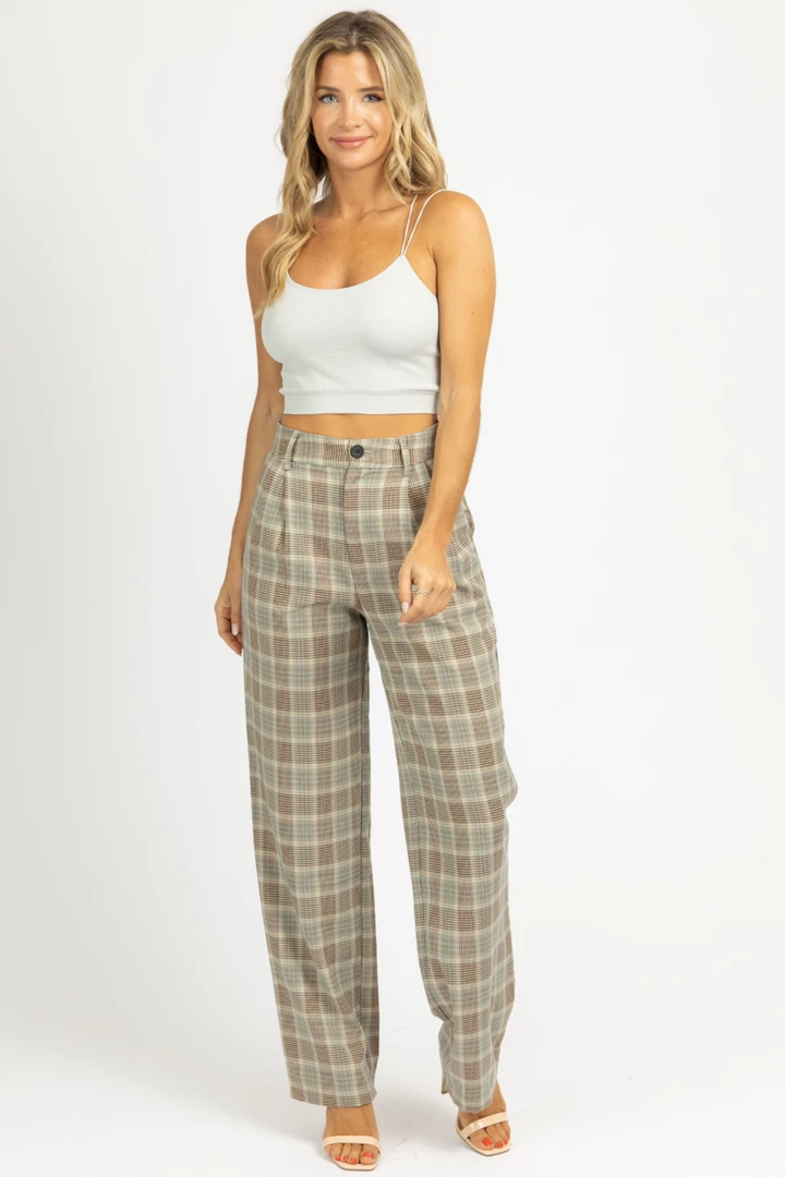 SANS SOUCI CLOTHING SAGE PLAID PLEATED PANTS 4 SANS SOUCI CLOTHING SAGE PLAID PLEATED PANTS