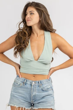 WINWIN APPAREL SAGE PLUNGING RIBBED TIE-BACK TOP