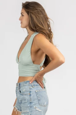 WINWIN APPAREL SAGE PLUNGING RIBBED TIE-BACK TOP