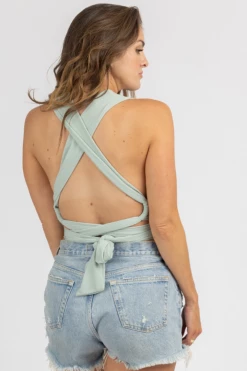 WINWIN APPAREL SAGE PLUNGING RIBBED TIE-BACK TOP
