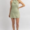 LE LIS SAGE SATIN COCKTAIL HOUR HALTER DRESS NEW ARRIVALS
