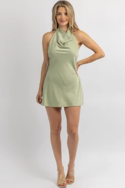 LE LIS SAGE SATIN COCKTAIL HOUR HALTER DRESS NEW ARRIVALS