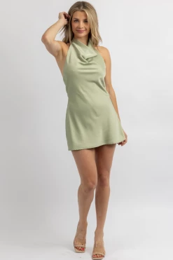 LE LIS SAGE SATIN COCKTAIL HOUR HALTER DRESS NEW ARRIVALS