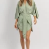 MABLE SAGE SATIN TIE + WIDE SLEEVE DRESS NEW ARRIVALS