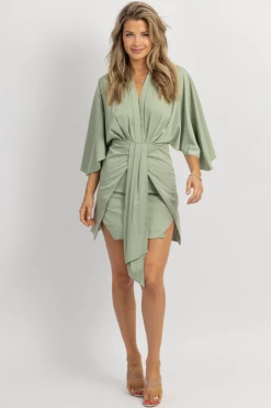 MABLE SAGE SATIN TIE + WIDE SLEEVE DRESS NEW ARRIVALS