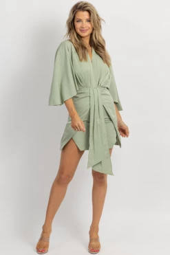 MABLE SAGE SATIN TIE + WIDE SLEEVE DRESS NEW ARRIVALS