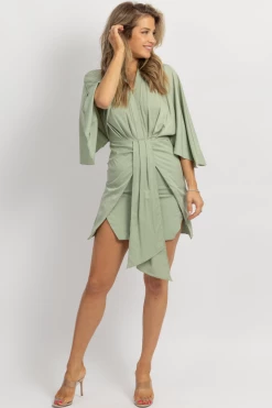 MABLE SAGE SATIN TIE + WIDE SLEEVE DRESS NEW ARRIVALS