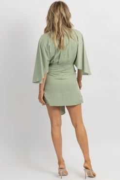 MABLE SAGE SATIN TIE + WIDE SLEEVE DRESS NEW ARRIVALS