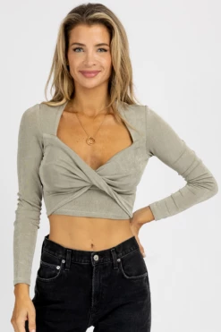 MABLE NEW ARRIVALS SAGE SLINKY LONG SLEEVE FRONT TWIST CROP
