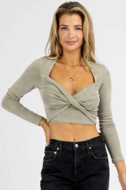 MABLE NEW ARRIVALS SAGE SLINKY LONG SLEEVE FRONT TWIST CROP