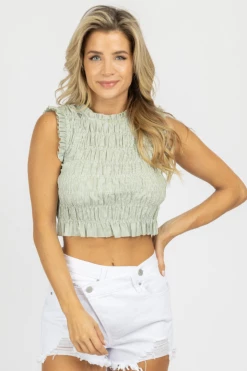EMORY PARK SAGE SMOCKED SLEEVELESS TOP CLOTHING