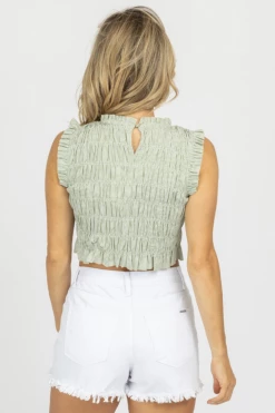 EMORY PARK SAGE SMOCKED SLEEVELESS TOP CLOTHING
