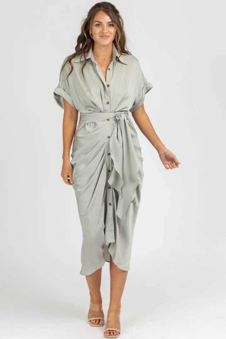 MABLE CLOTHING SAGE SATIN TWIST + TIE BUTTON MIDI DRESS 2 MABLE CLOTHING SAGE SATIN TWIST + TIE BUTTON MIDI DRESS
