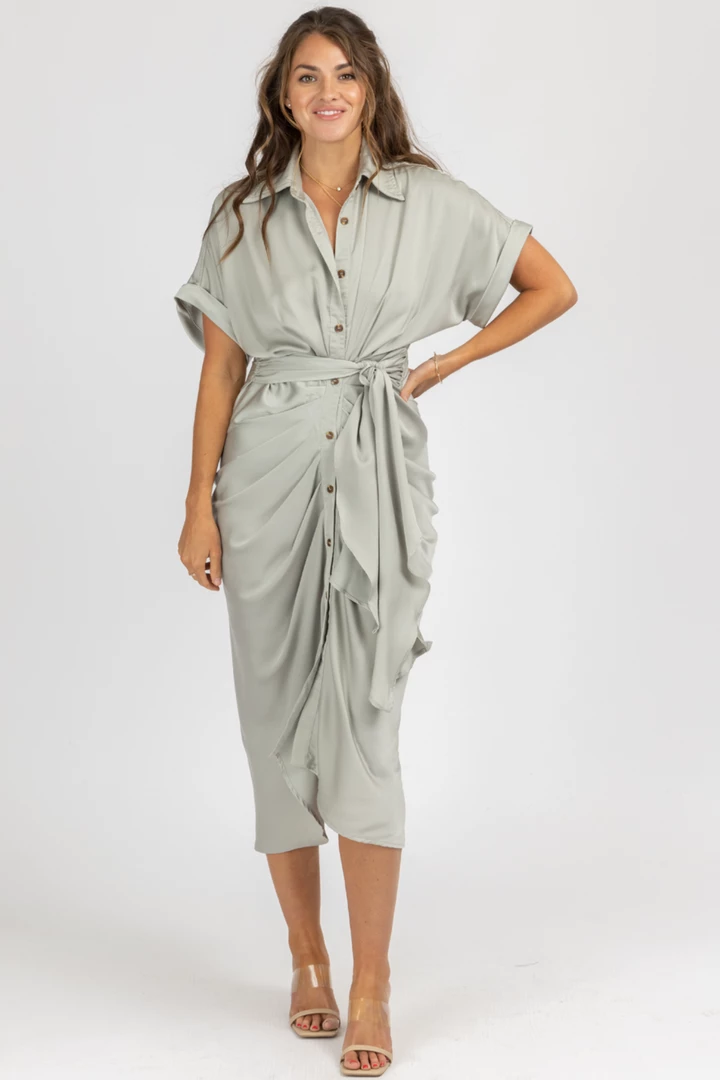MABLE CLOTHING SAGE SATIN TWIST + TIE BUTTON MIDI DRESS 3 MABLE CLOTHING SAGE SATIN TWIST + TIE BUTTON MIDI DRESS