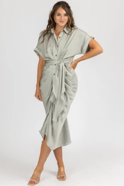MABLE CLOTHING SAGE SATIN TWIST + TIE BUTTON MIDI DRESS