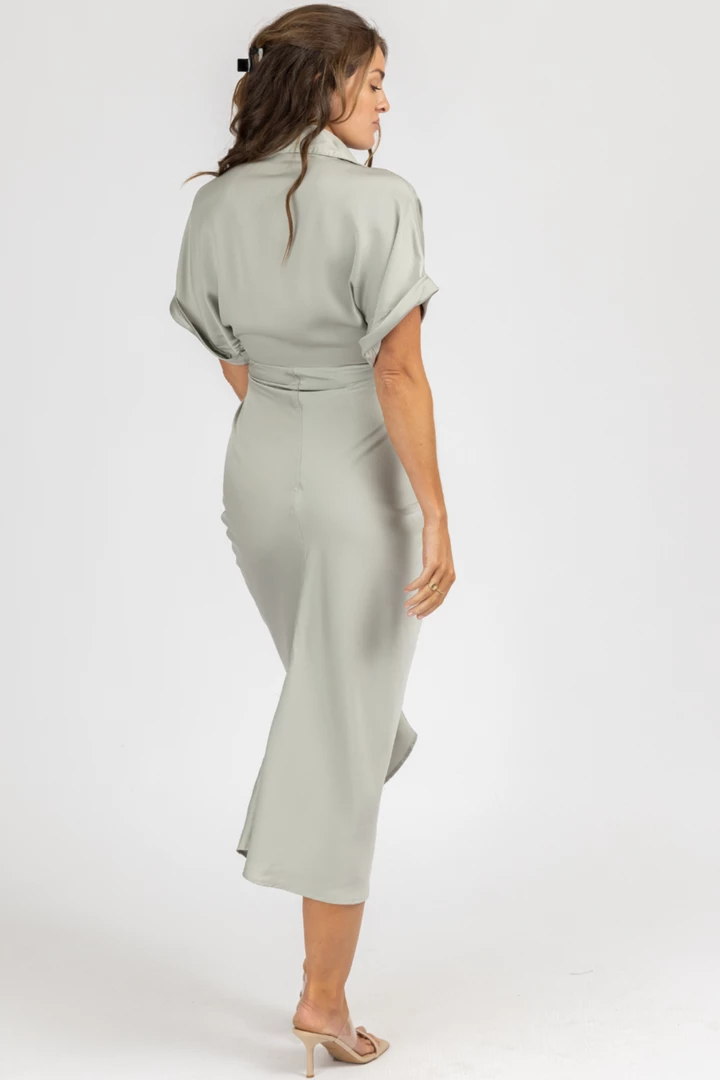 MABLE CLOTHING SAGE SATIN TWIST + TIE BUTTON MIDI DRESS 7 MABLE CLOTHING SAGE SATIN TWIST + TIE BUTTON MIDI DRESS