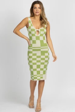 FORE COLLECTION TAUPE + SAGE CHECKED KNIT MIDI DRESS