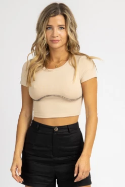 BAILEY ROSE SAND EXPOSED STITCH CROP TEE CLOTHING